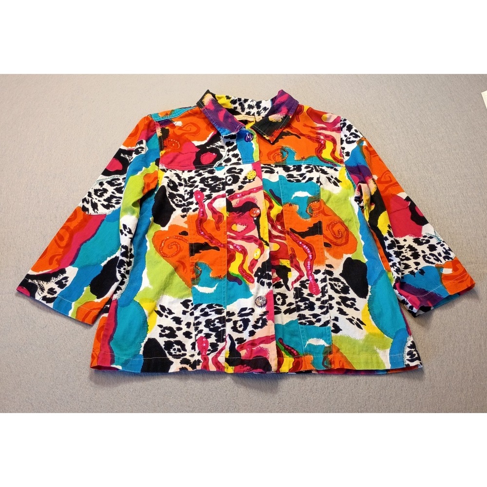 Choices Lightweight Denim 3/4 Sleeve Jacket Wild Bold‎ Colorful Art Funky Sz Med
